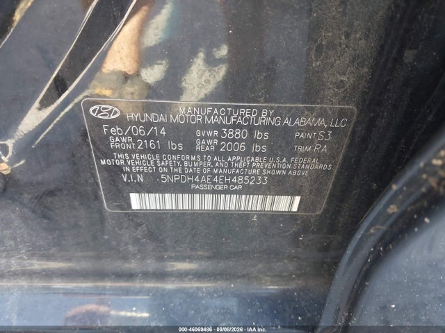 Aukcja sprzedaży 2014 Hyundai Elantra Se, vin: 5NPDH4AE4EH485233, numer aukcji: 46069486