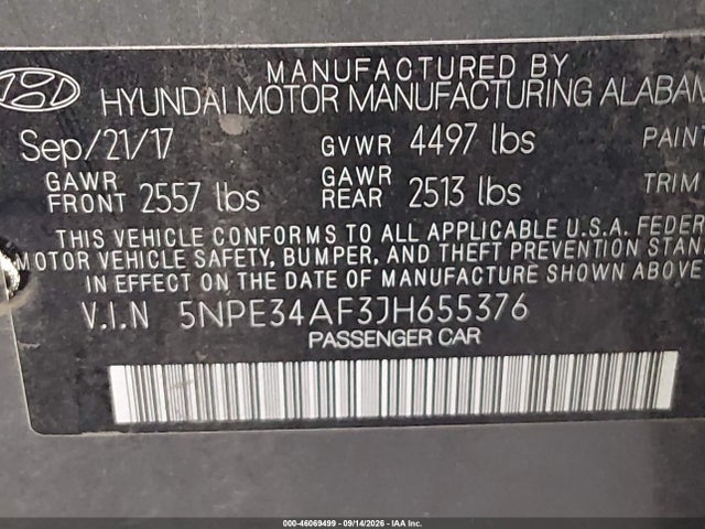 2018 Hyundai Sonata Sport მანქანა იყიდება აუქციონზე, vin: 5NPE34AF3JH655376, აუქციონის ნომერი: 46069499