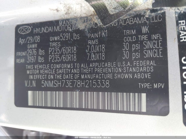 Продаж на аукціоні авто 2008 Hyundai Santa Fe Limited/se, vin: 5NMSH73E78H215338, номер лоту: 46069501