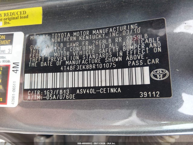 Aukcja sprzedaży 2011 Toyota Camry Le, vin: 4T4BF3EK8BR101075, numer aukcji: 46069502