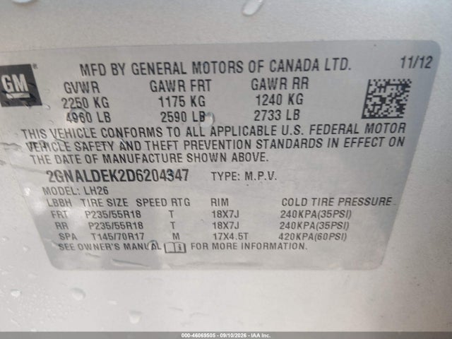 46069505 :رقم المزاد ، 2GNALDEK2D6204347 vin ، 2013 Chevrolet Equinox 1lt مزاد بيع