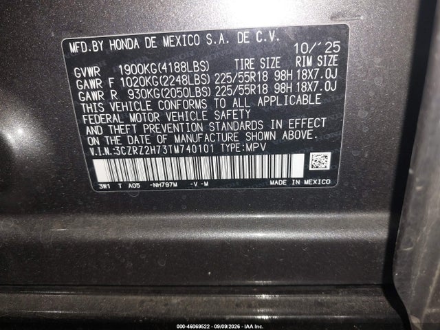Продажа на аукционе авто 2026 Honda Hr-v Awd Ex-l, vin: 3CZRZ2H73TM740101, номер лота: 46069522