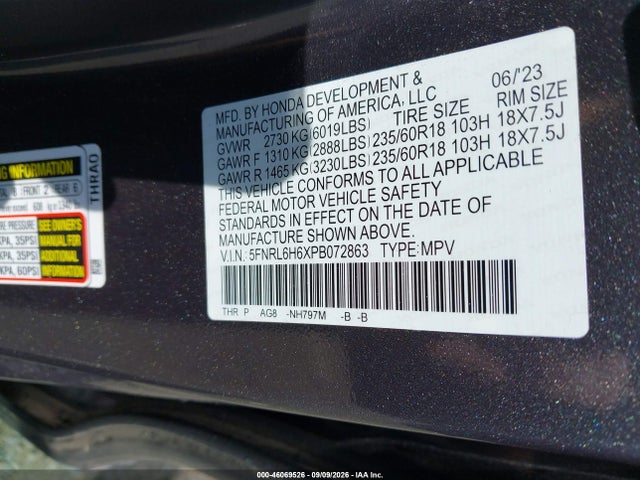 Продаж на аукціоні авто 2023 Honda Odyssey Ex-l, vin: 5FNRL6H6XPB072863, номер лоту: 46069526