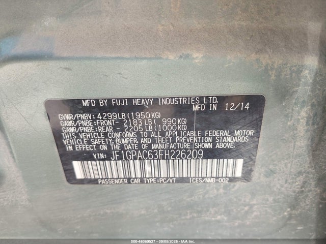 Aukcja sprzedaży 2015 Subaru Impreza 2.0i Premium, vin: JF1GPAC63FH226209, numer aukcji: 46069527