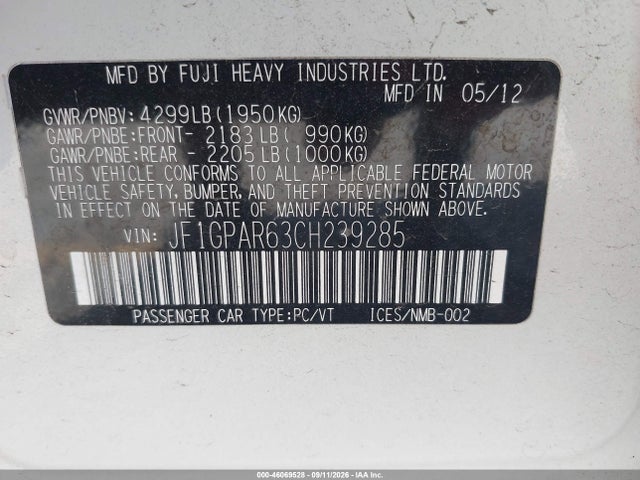 Продаж на аукціоні авто 2012 Subaru Impreza 2.0i Sport Limited, vin: JF1GPAR63CH239285, номер лоту: 46069528