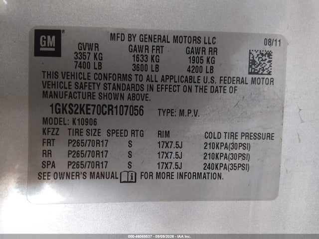Aukcja sprzedaży 2012 Gmc Yukon Xl 1500 Slt, vin: 1GKS2KE70CR107056, numer aukcji: 46069537