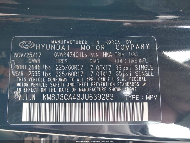 Продаж на аукціоні авто 2018 Hyundai Tucson Sel, vin: KM8J3CA43JU639283, номер лоту: 46069542