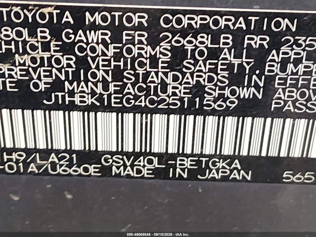 Продаж на аукціоні авто 2012 Lexus Es 350, vin: JTHBK1EG4C2511569, номер лоту: 46069546