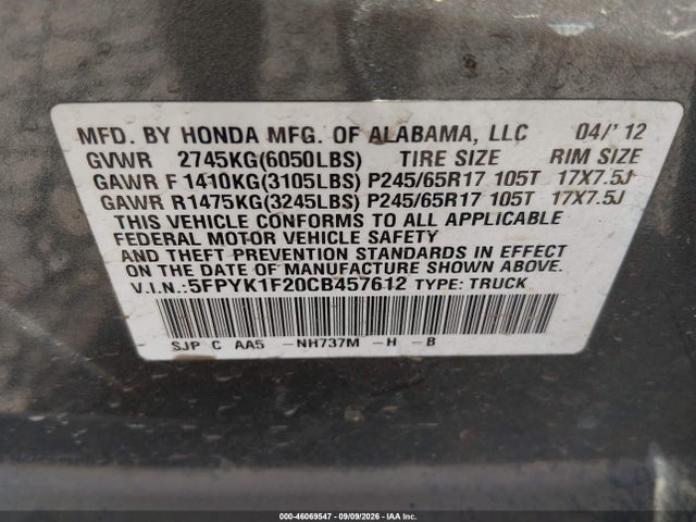 2012 Honda Ridgeline Rt მანქანა იყიდება აუქციონზე, vin: 5FPYK1F20CB457612, აუქციონის ნომერი: 46069547