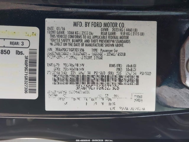 Продажа на аукционе авто 2016 Ford Fusion S, vin: 3FA6P0G71GR327306, номер лота: 46069549