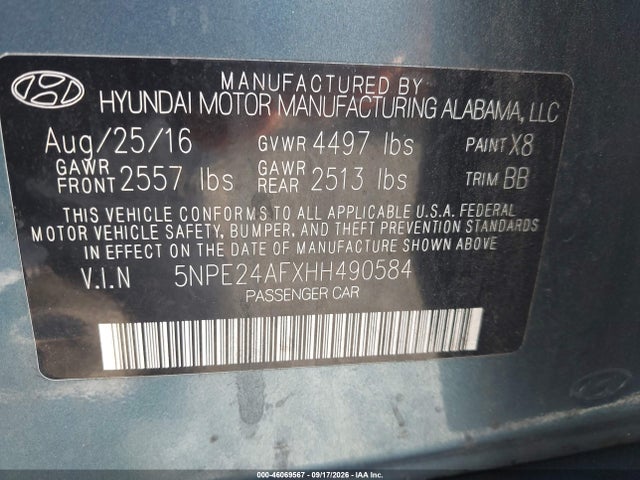 Продажа на аукционе авто 2017 Hyundai Sonata Se, vin: 5NPE24AFXHH490584, номер лота: 46069567
