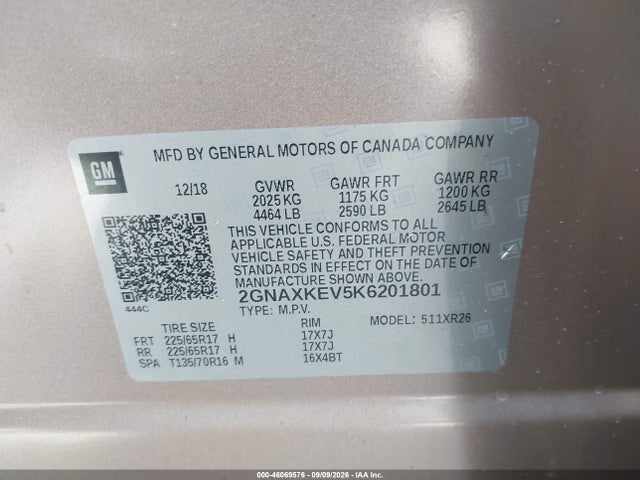 2019 Chevrolet Equinox Lt მანქანა იყიდება აუქციონზე, vin: 2GNAXKEV5K6201801, აუქციონის ნომერი: 46069576