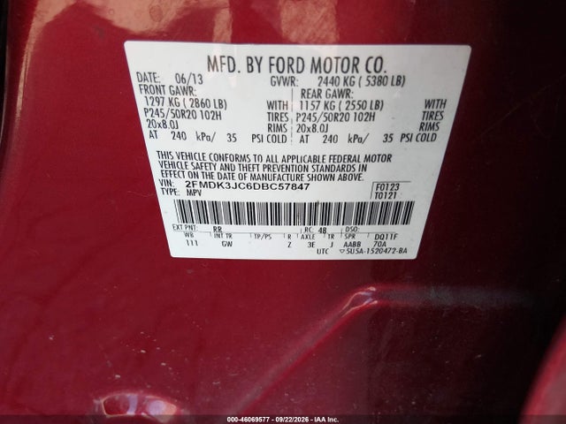 2013 Ford Edge Sel მანქანა იყიდება აუქციონზე, vin: 2FMDK3JC6DBC57847, აუქციონის ნომერი: 46069577
