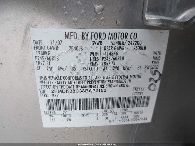 Продажа на аукционе авто 2008 Ford Edge Sel, vin: 2FMDK38C38BA32152, номер лота: 46069589