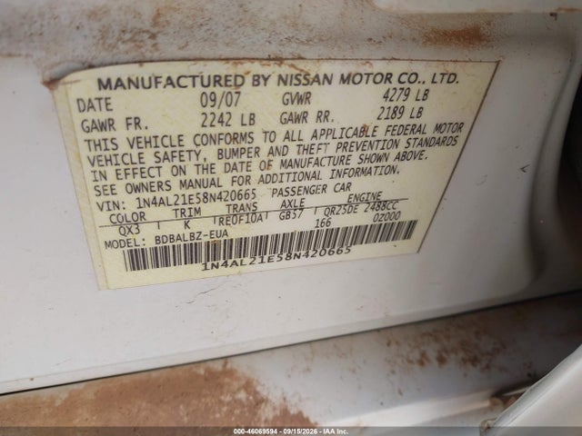 2008 Nissan Altima 2.5 S მანქანა იყიდება აუქციონზე, vin: 1N4AL21E58N420665, აუქციონის ნომერი: 46069594