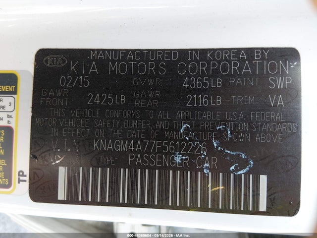 2015 Kia Optima Lx მანქანა იყიდება აუქციონზე, vin: KNAGM4A77F5612226, აუქციონის ნომერი: 46069604