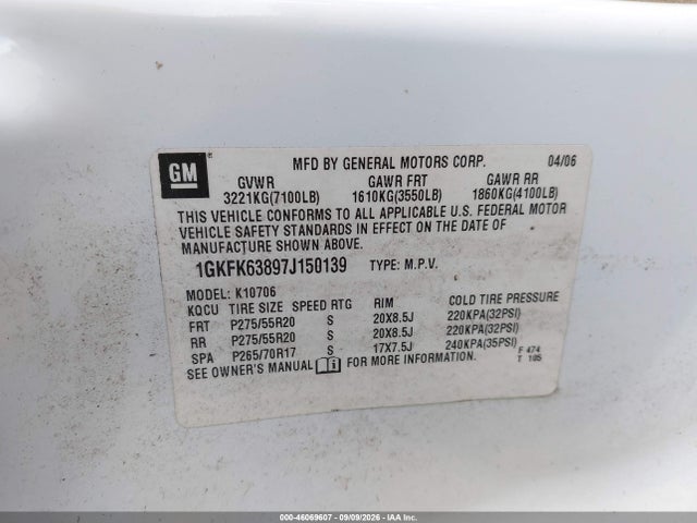 46069607 :رقم المزاد ، 1GKFK63897J150139 vin ، 2007 Gmc Yukon Denali مزاد بيع