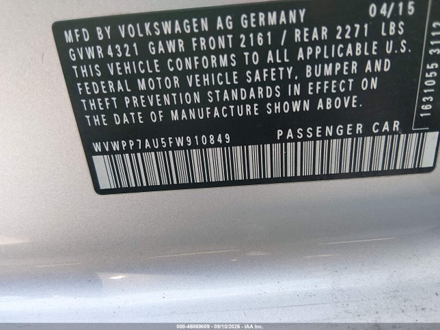 46069609 :رقم المزاد ، WVWPP7AU5FW910849 vin ، 2015 Volkswagen E-golf Sel Premium مزاد بيع