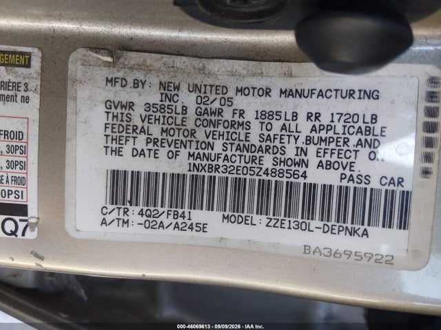 46069613 :رقم المزاد ، 1NXBR32E05Z488564 vin ، 2005 Toyota Corolla Le مزاد بيع
