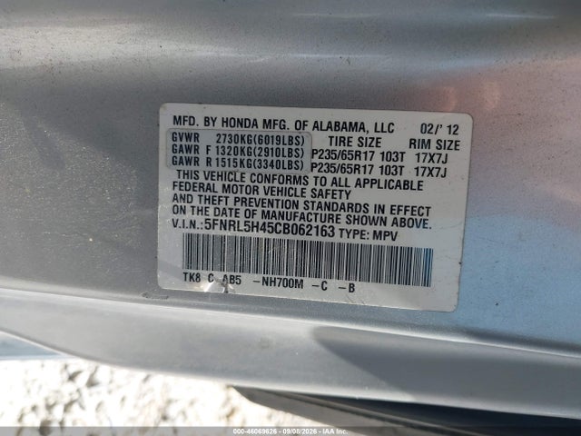 2012 Honda Odyssey Ex მანქანა იყიდება აუქციონზე, vin: 5FNRL5H45CB062163, აუქციონის ნომერი: 46069626
