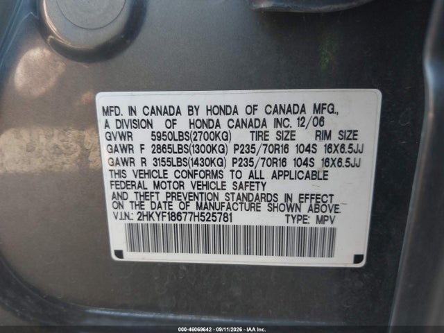 Aukcja sprzedaży 2007 Honda Pilot Ex-l, vin: 2HKYF18677H525781, numer aukcji: 46069642