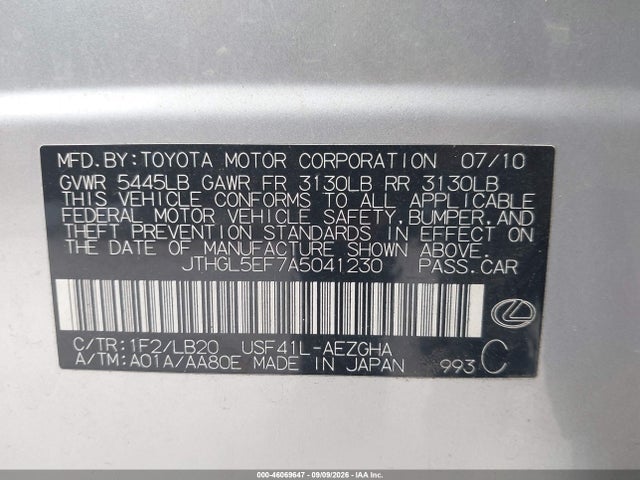 46069647 :رقم المزاد ، JTHGL5EF7A5041230 vin ، 2010 Lexus Ls 460 L مزاد بيع