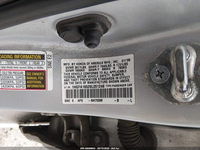 Продажа на аукционе авто 2006 Honda Civic Lx, vin: 1HGFA16526L051248, номер лота: 46069654