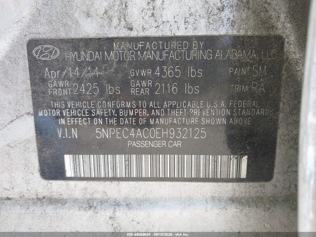 Продажа на аукционе авто 2014 Hyundai Sonata Se, vin: 5NPEC4AC0EH932125, номер лота: 46069658