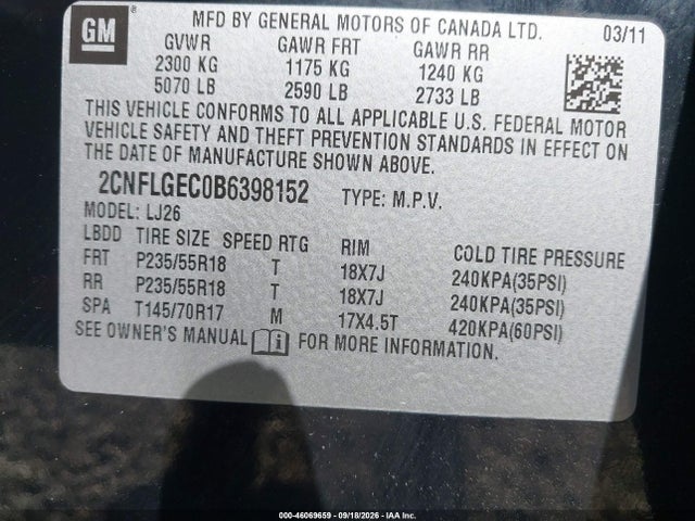 Продажа на аукционе авто 2011 Chevrolet Equinox Ltz, vin: 2CNFLGEC0B6398152, номер лота: 46069659