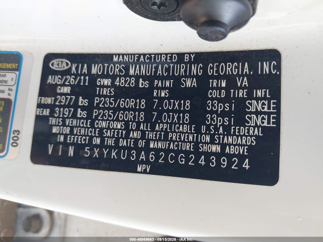 Продажа на аукционе авто 2012 Kia Sorento Ex, vin: 5XYKU3A62CG243924, номер лота: 46069663