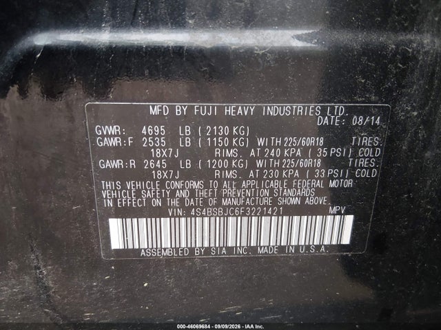 Продажа на аукционе авто 2015 Subaru Outback 2.5i Limited, vin: 4S4BSBJC6F3221421, номер лота: 46069684