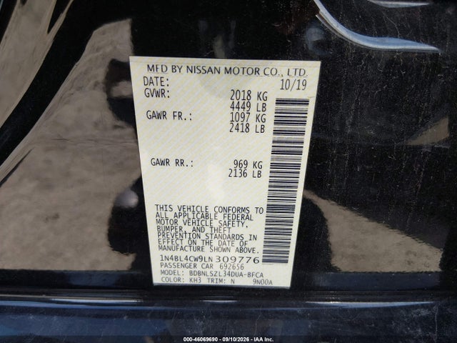 2020 Nissan Altima Sr Intelligent Awd მანქანა იყიდება აუქციონზე, vin: 1N4BL4CW9LN309776, აუქციონის ნომერი: 46069690