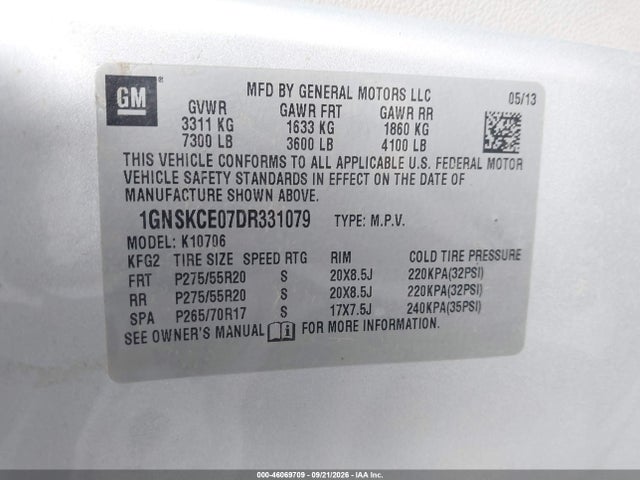46069709 :رقم المزاد ، 1GNSKCE07DR331079 vin ، 2013 Chevrolet Tahoe Ltz مزاد بيع