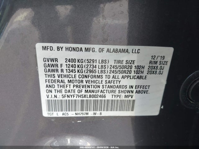 2020 Honda Passport 2wd Ex-l მანქანა იყიდება აუქციონზე, vin: 5FNYF7H5XLB002466, აუქციონის ნომერი: 46069741