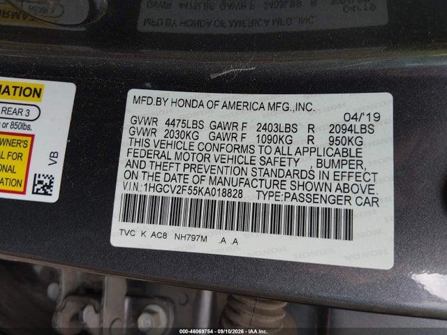 Aukcja sprzedaży 2019 Honda Accord Ex-l 2.0t, vin: 1HGCV2F55KA018828, numer aukcji: 46069754