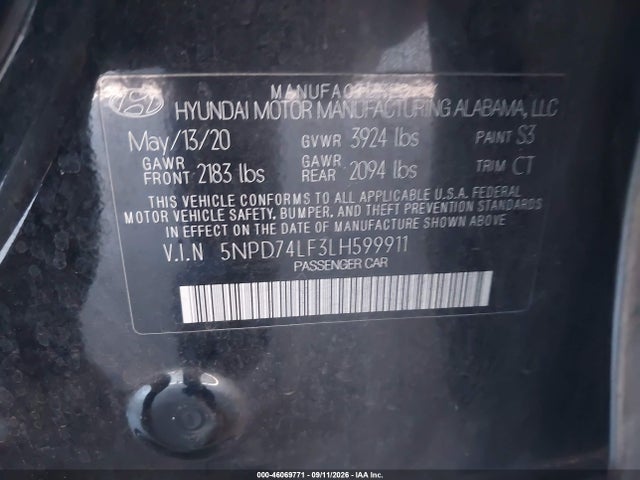 Продаж на аукціоні авто 2020 Hyundai Elantra Se, vin: 5NPD74LF3LH599911, номер лоту: 46069771