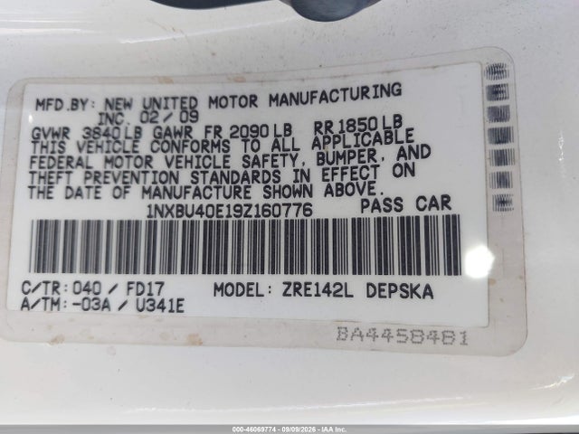 2009 Toyota Corolla S მანქანა იყიდება აუქციონზე, vin: 1NXBU40E19Z160776, აუქციონის ნომერი: 46069774