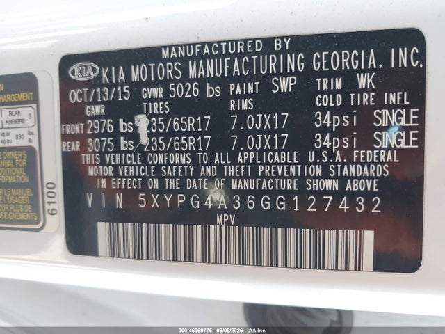 KIA Sorento 2.4l Lx 2016 5XYPG4A36GG127432 Image 9