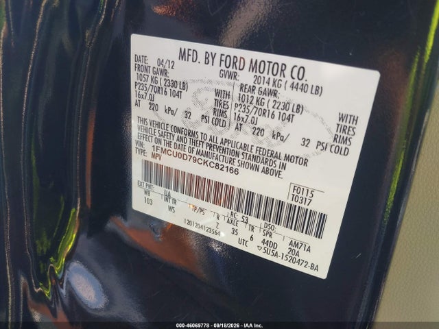 Продажа на аукционе авто 2012 Ford Escape Xlt, vin: 1FMCU0D79CKC82166, номер лота: 46069778