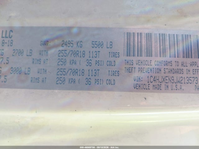 46069786 :رقم المزاد ، 1C4HJXEN9JW213573 vin ، 2018 Jeep Wrangler Unlimited Sahara 4x4 مزاد بيع