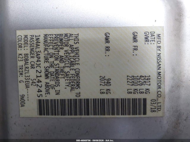 46069796 :رقم المزاد ، 1N4AL3AP4JC214245 vin ، 2018 Nissan Altima 2.5 Sl مزاد بيع