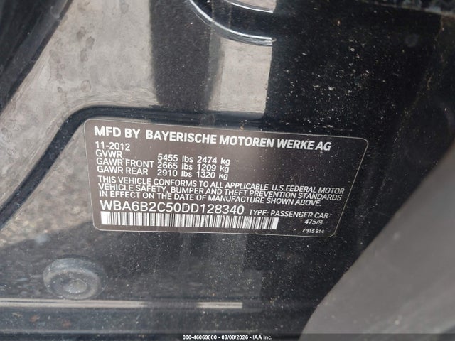 2013 Bmw 6 Series 650i მანქანა იყიდება აუქციონზე, vin: WBA6B2C50DD128340, აუქციონის ნომერი: 46069800