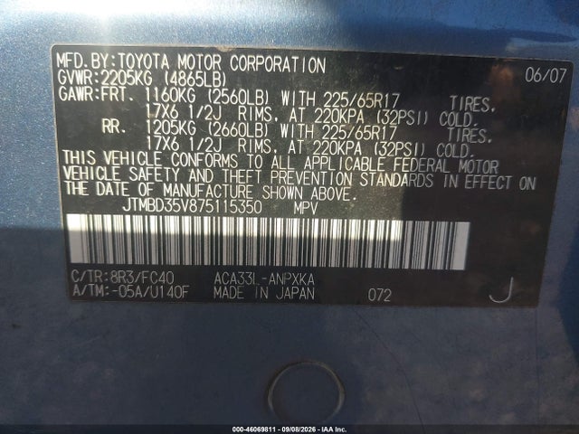 Aukcja sprzedaży 2007 Toyota Rav4, vin: JTMBD35V875115350, numer aukcji: 46069811