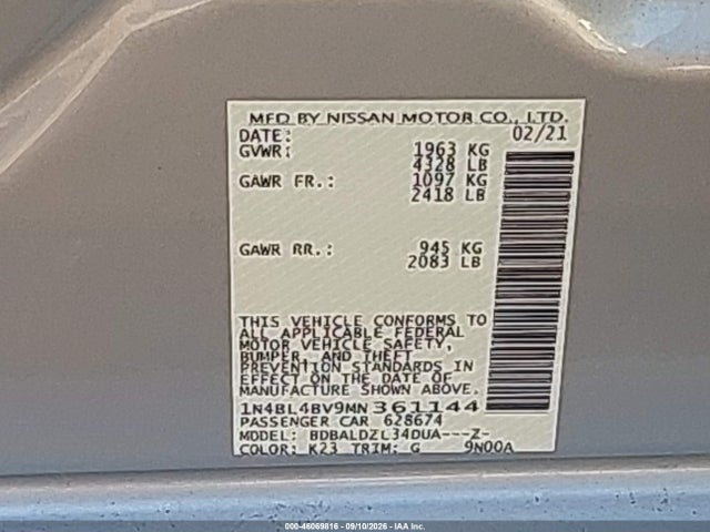 Продаж на аукціоні авто 2021 Nissan Altima S Fwd, vin: 1N4BL4BV9MN361144, номер лоту: 46069816