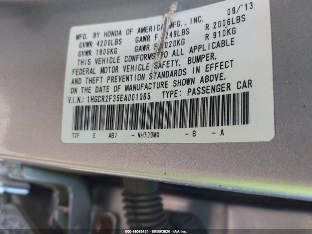 Продаж на аукціоні авто 2014 Honda Accord Lx, vin: 1HGCR2F35EA001065, номер лоту: 46069821