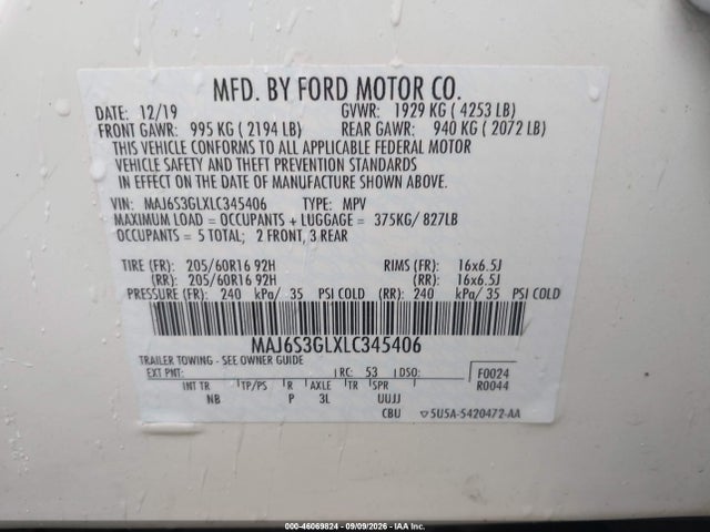 46069824 :رقم المزاد ، MAJ6S3GLXLC345406 vin ، 2020 Ford Ecosport Se مزاد بيع