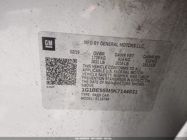 Продажа на аукционе авто 2019 Chevrolet Cruze Lt, vin: 1G1BE5SM5K7144931, номер лота: 46069838