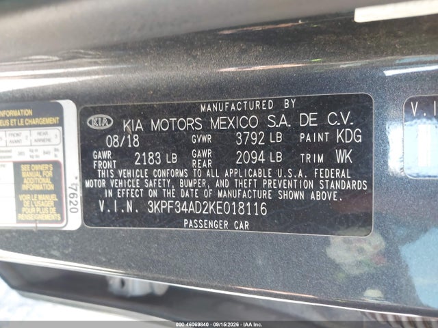 Aukcja sprzedaży 2019 Kia Forte S, vin: 3KPF34AD2KE018116, numer aukcji: 46069840