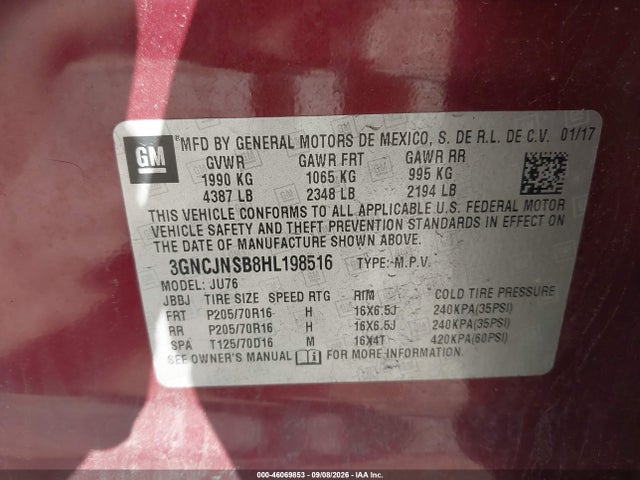 46069853 :رقم المزاد ، 3GNCJNSB8HL198516 vin ، 2017 Chevrolet Trax Ls مزاد بيع