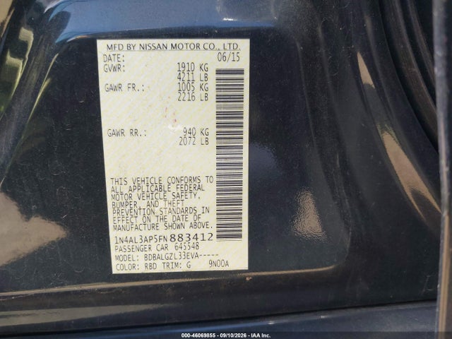 2015 Nissan Altima 2.5/2.5 S/2.5 Sl/2.5 Sv მანქანა იყიდება აუქციონზე, vin: 1N4AL3AP5FN883412, აუქციონის ნომერი: 46069855